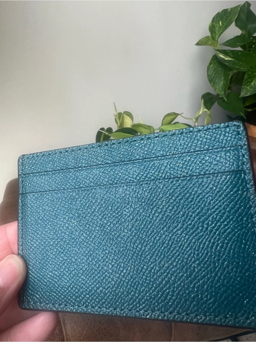 Coach Teal Pebbled Leather Card Case with Some Sparkle